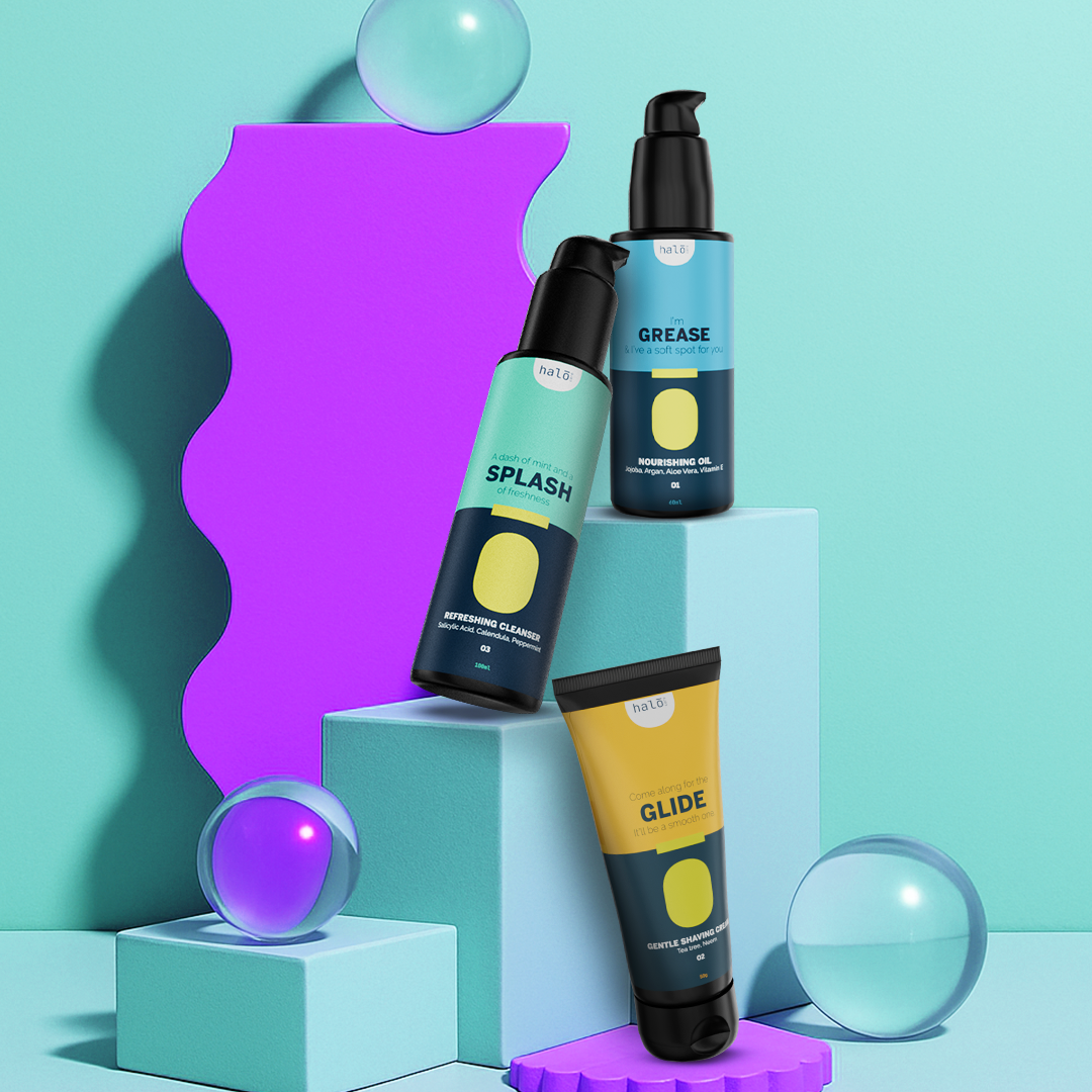 The Complete (Shaved) Man: Pre Shave Oil, Shaving Cream & After Shave Cleanser Kit Halo Carehalo care, halocare, men's care, men's personal care, facewash for men, sunscreen for men