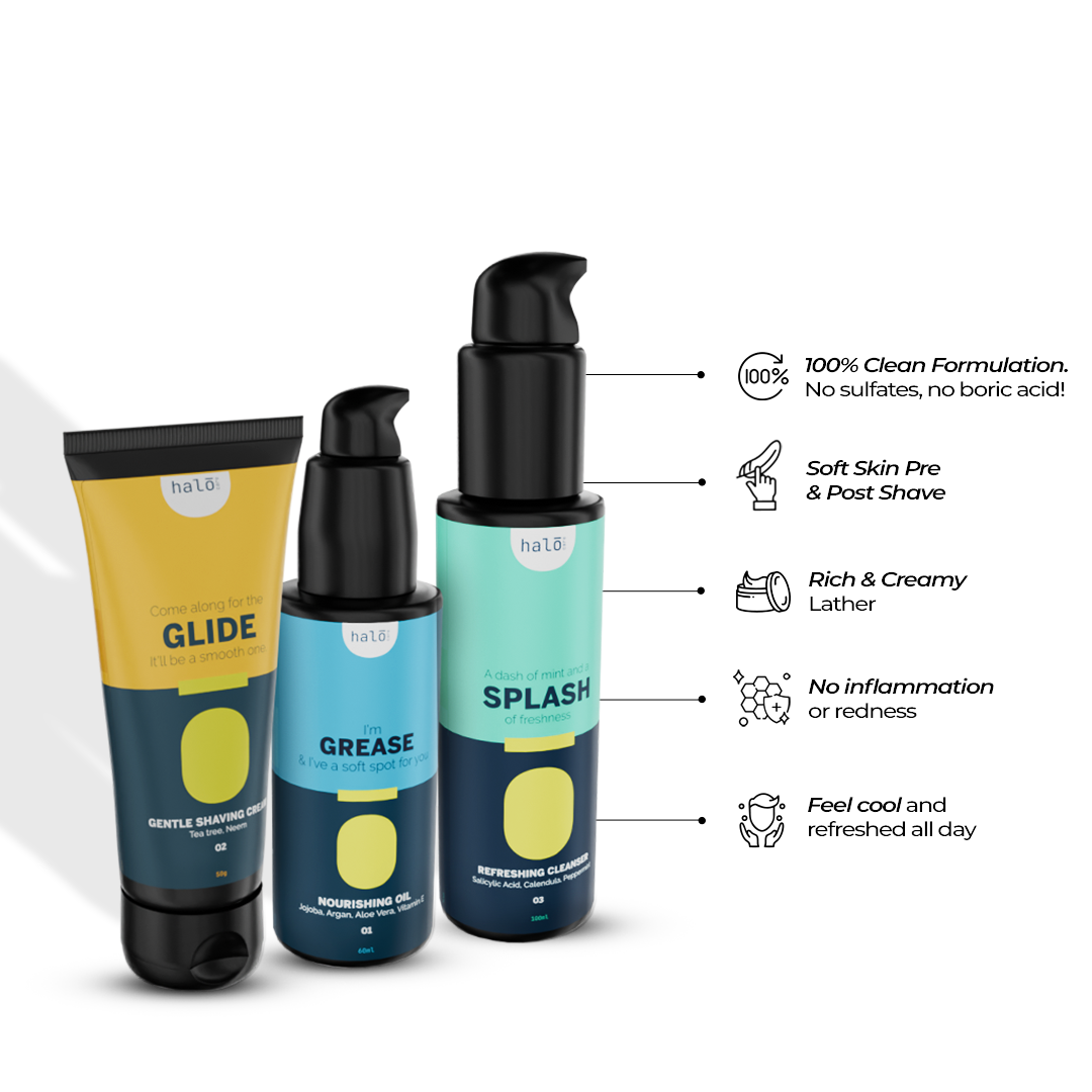 The Complete (Shaved) Man: Pre Shave Oil, Shaving Cream & After Shave Cleanser Kit Halo Carehalo care, halocare, men's care, men's personal care, facewash for men, sunscreen for men