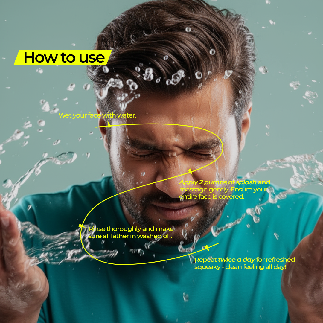 Splash: Daily Face Cleanser. Acne Killer, Pollution Defender, Super Refresher. Halo Carehalo care, halocare, men's care, men's personal care, facewash for men, sunscreen for men