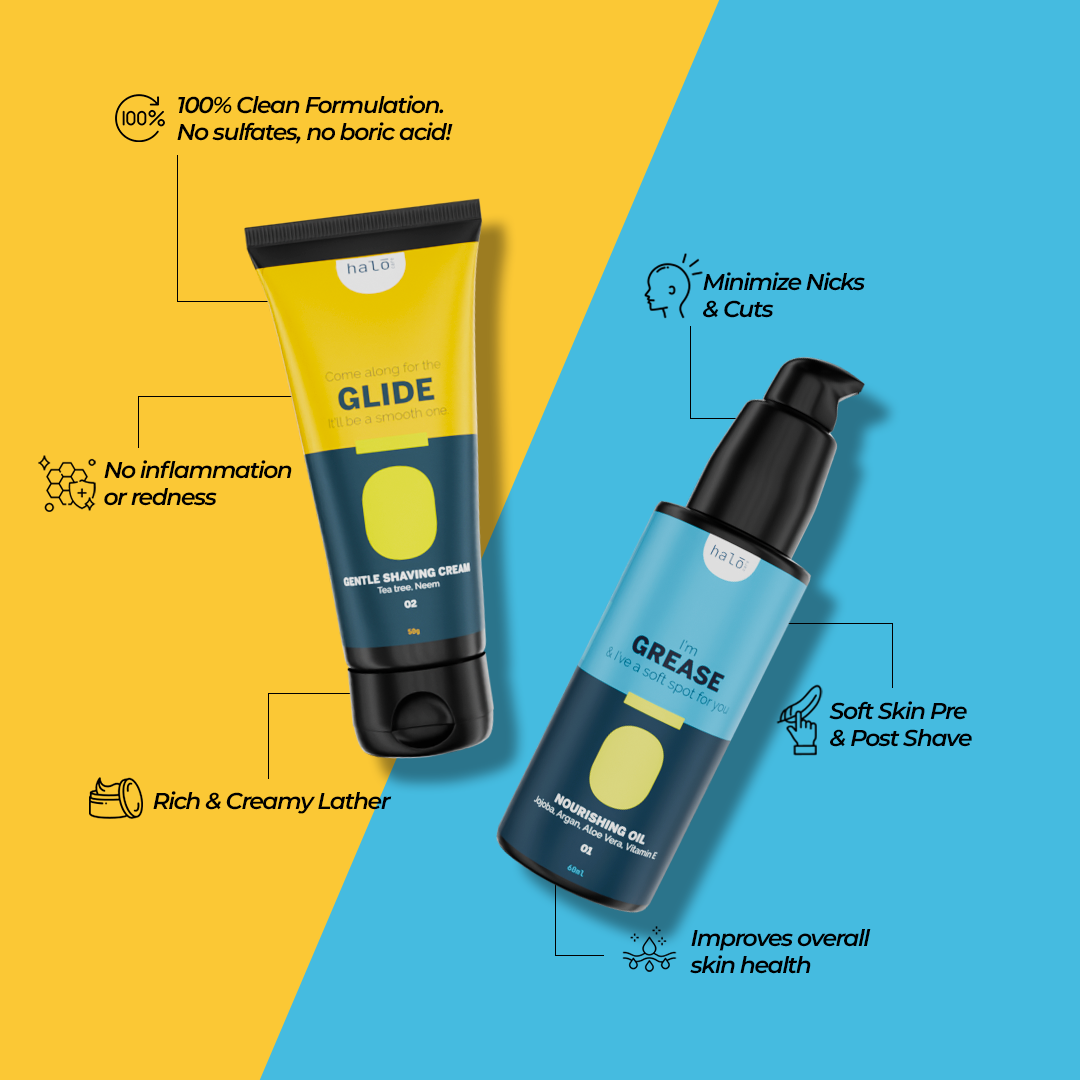 Pre-Shave Superstars : Pre-Shave Oil & Shaving Cream Kit Halo Carehalo care, halocare, men's care, men's personal care, facewash for men, sunscreen for men