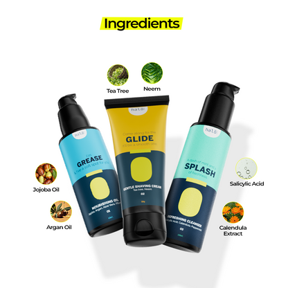The Complete (Shaved) Man: Pre Shave Oil, Shaving Cream & After Shave Cleanser Kit Halo Carehalo care, halocare, men's care, men's personal care, facewash for men, sunscreen for men