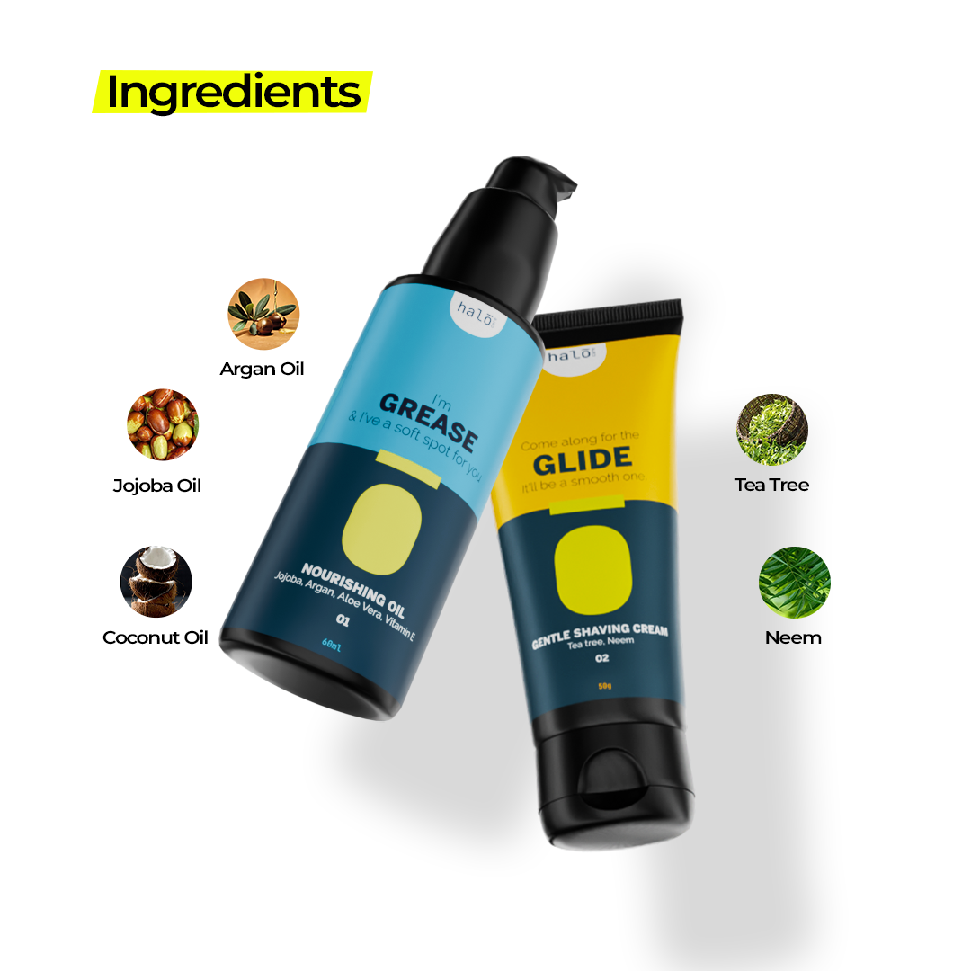 Pre-Shave Superstars : Pre-Shave Oil & Shaving Cream Kit Halo Carehalo care, halocare, men's care, men's personal care, facewash for men, sunscreen for men