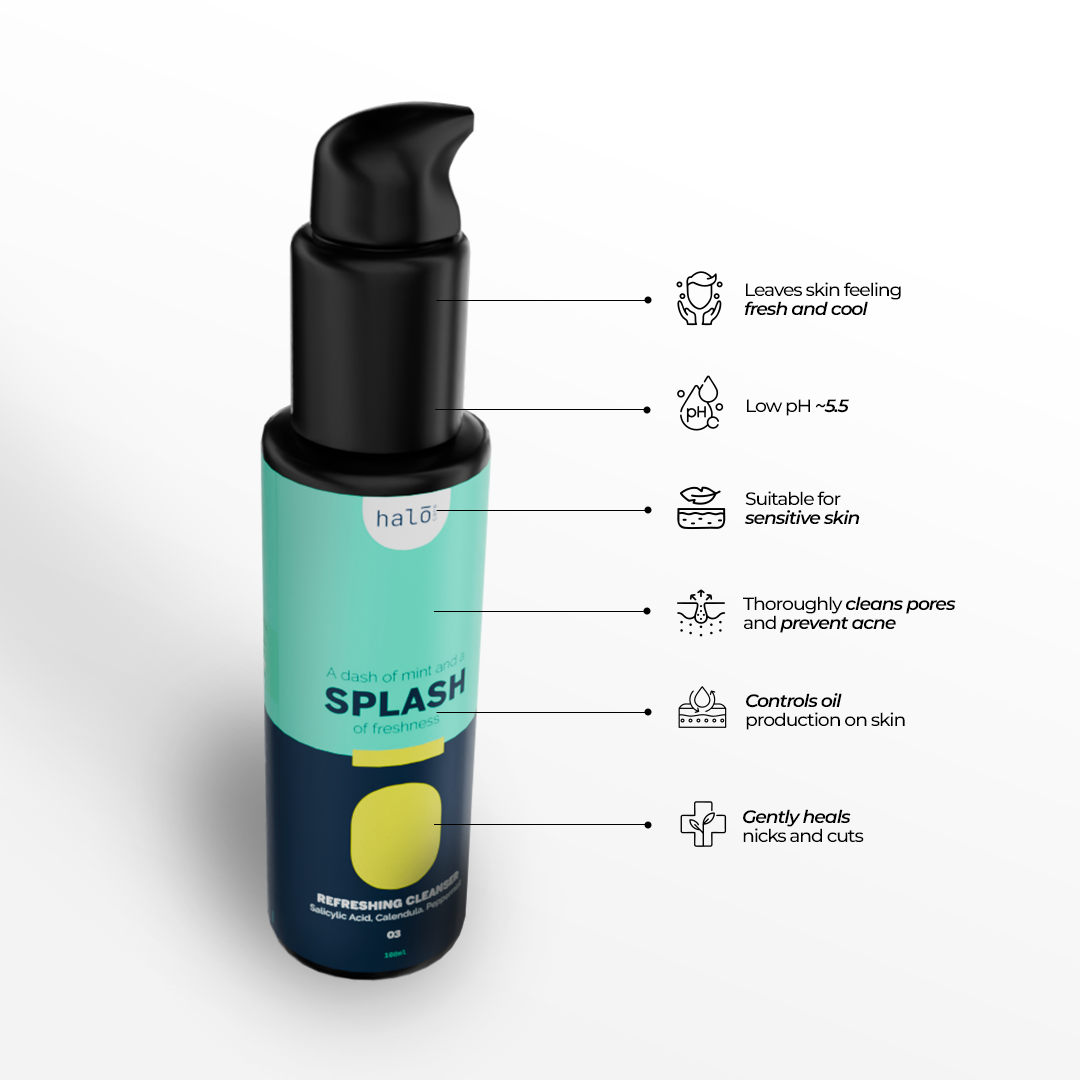 Splash: Daily Face Cleanser. Acne Killer, Pollution Defender, Super Refresher. Halo Carehalo care, halocare, men's care, men's personal care, facewash for men, sunscreen for men