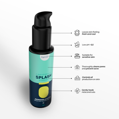 Splash: Daily Face Cleanser. Acne Killer, Pollution Defender, Super Refresher. Halo Carehalo care, halocare, men's care, men's personal care, facewash for men, sunscreen for men