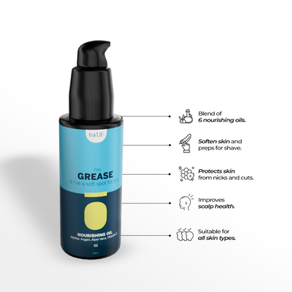 Grease: Superlight Pre-Shave Oil Halo Carehalo care, halocare, men's care, men's personal care, facewash for men, sunscreen for men